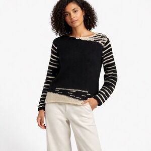 J.Jill Women Handknit Silk Sweater M Black Cream Textured Artisan Luxury Coastal